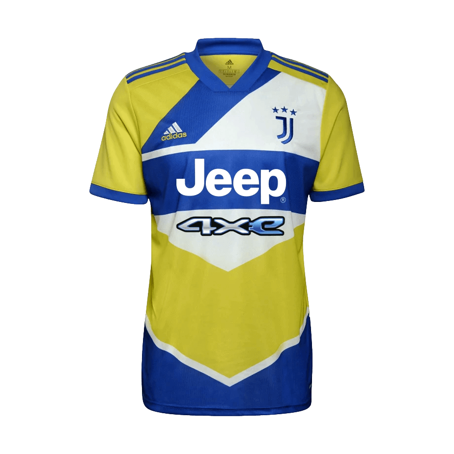 Juventus 2021-22 third jersey featuring a bold yellow, blue, and white geometric color-block design with the club crest and Jeep sponsor.