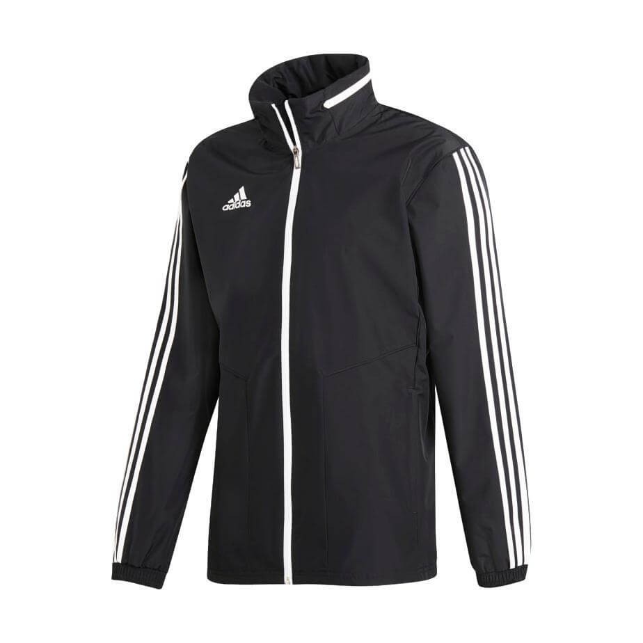 A black Adidas track jacket featuring a full white zipper, three white stripes on the sleeves, and a white Adidas logo on the chest.