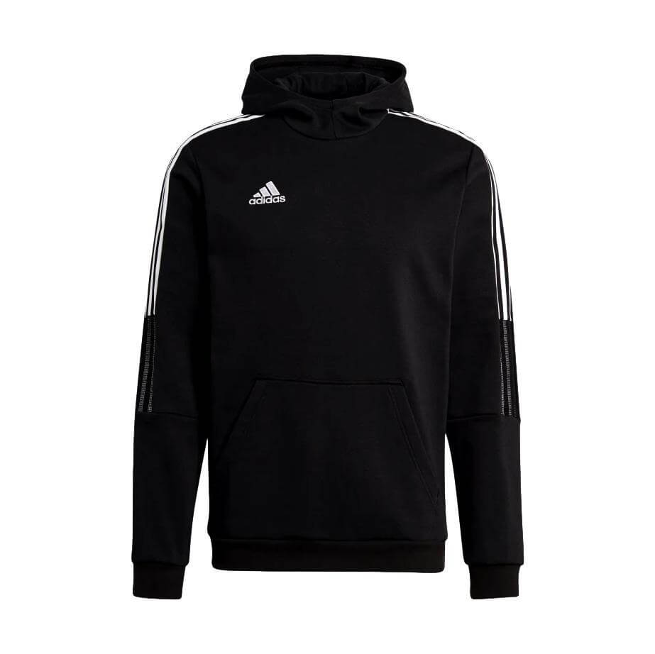 Black Adidas hoodie featuring three white stripes along the shoulders and sleeves, a small white logo on the chest, and a front kangaroo pocket.