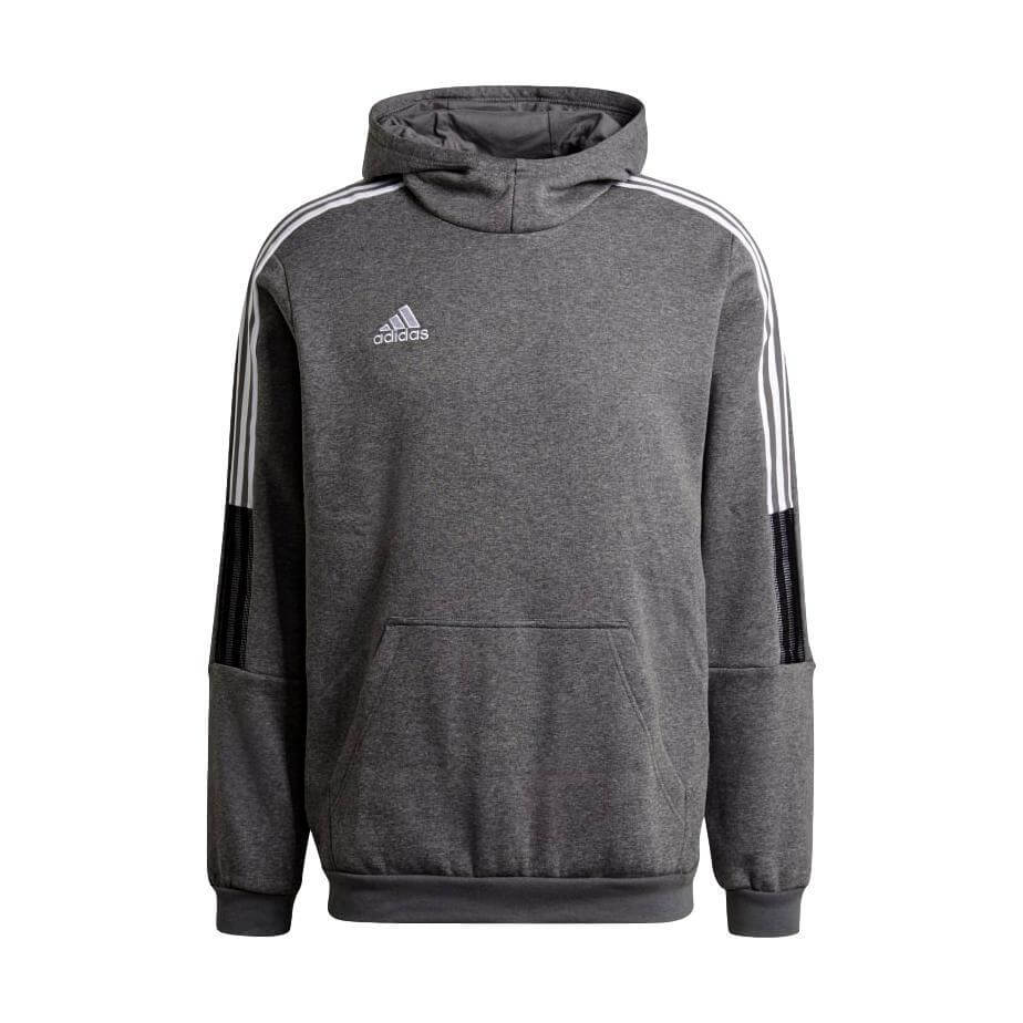Grey Adidas hoodie with white brand logo, signature three-stripes on shoulders, black arm accents, and a front kangaroo pocket.