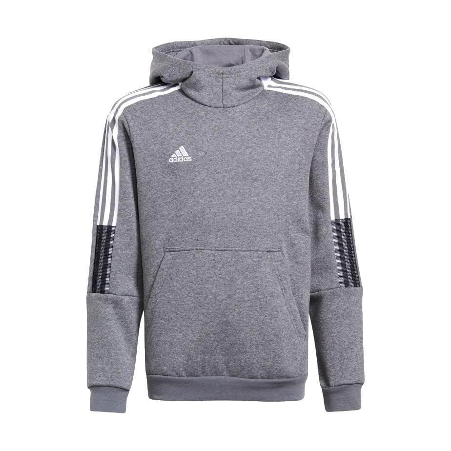 Grey Adidas hoodie featuring white shoulder stripes, black mesh sleeve panels, and a central kangaroo pocket.