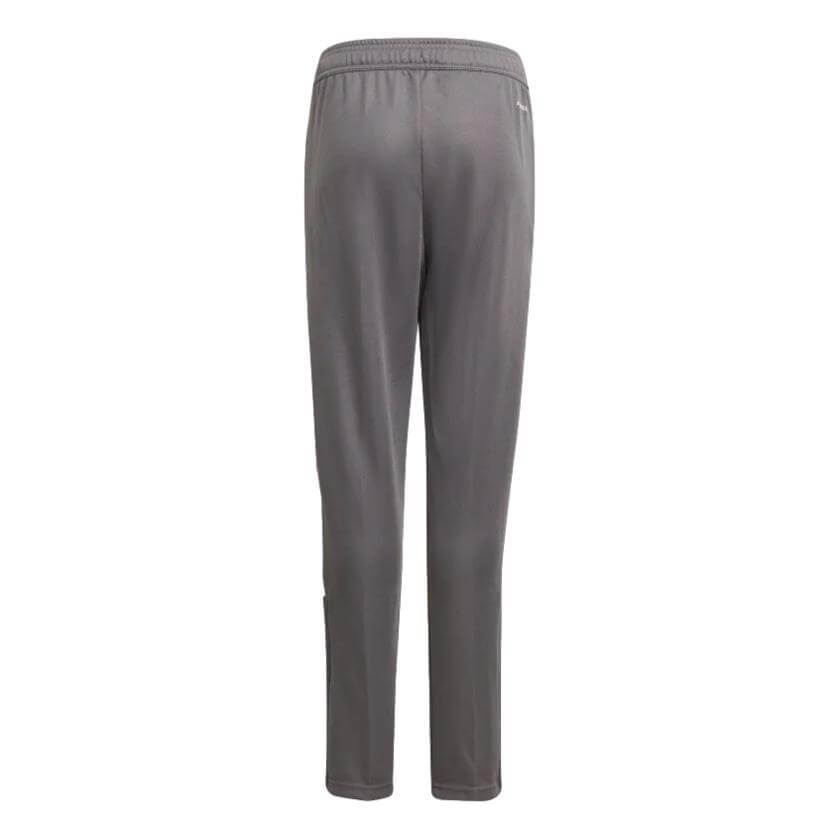 Rear view of grey, straight-leg athletic pants with an elastic waistband.