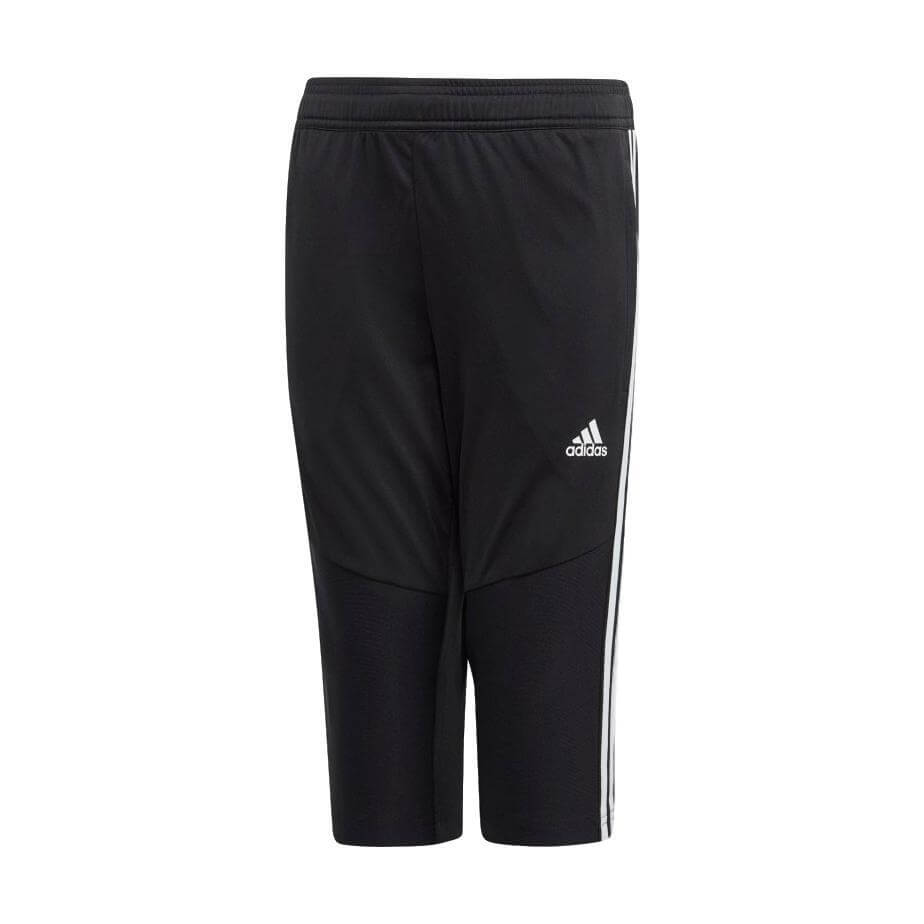 Black Adidas 3/4 training pants with three white side stripes and a small logo on the right thigh, displayed against a white background.