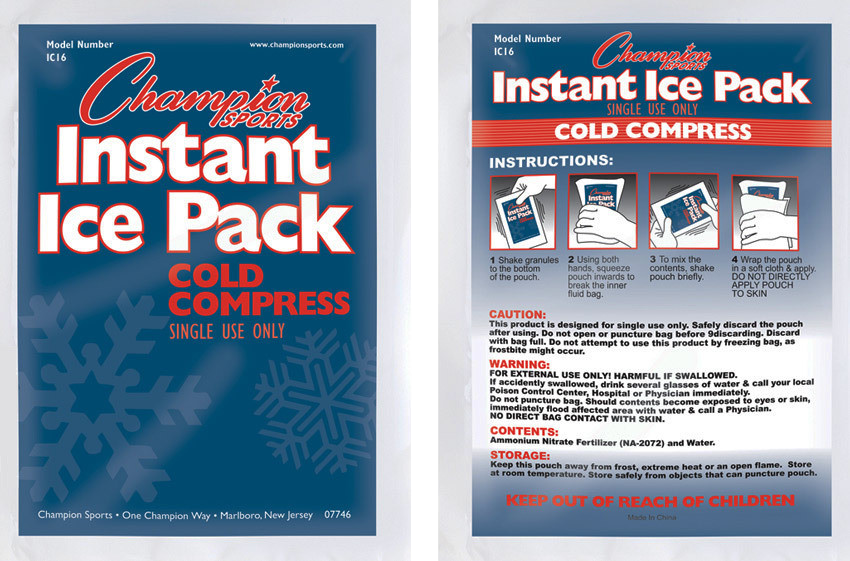 A product image showing the front and back packaging of a Champion Sports Instant Ice Pack. The front features a blue background with white and red text and large snowflake graphics. The back includes a four-step illustrated instruction guide, followed by
