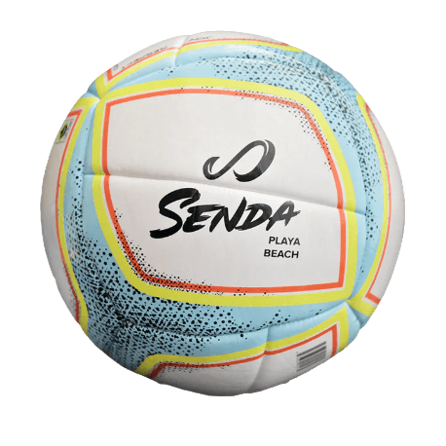 A Senda Playa Beach Soccer Ball with light blue, white, yellow, and orange panels, featuring the black Senda logo and "Playa Beach" text.