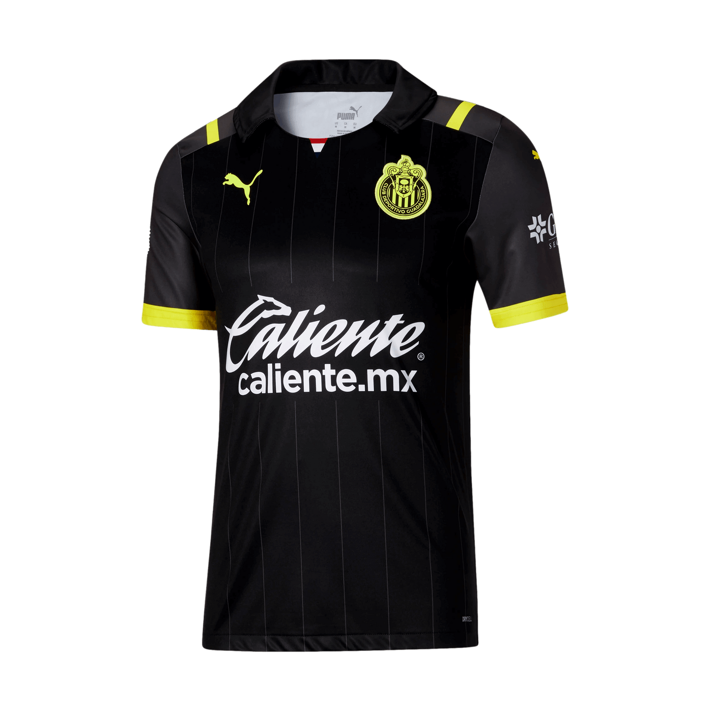 Black Puma soccer jersey for C.D. Guadalajara with neon yellow accents. Features white Caliente.mx sponsor branding, neon yellow club crest, and subtle vertical pinstripes.