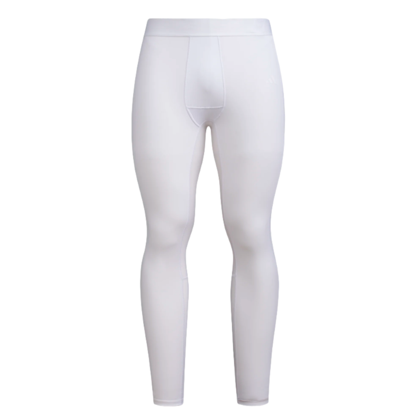 Front view of white full-length athletic compression leggings for men, featuring a wide waistband and a contoured front pouch.