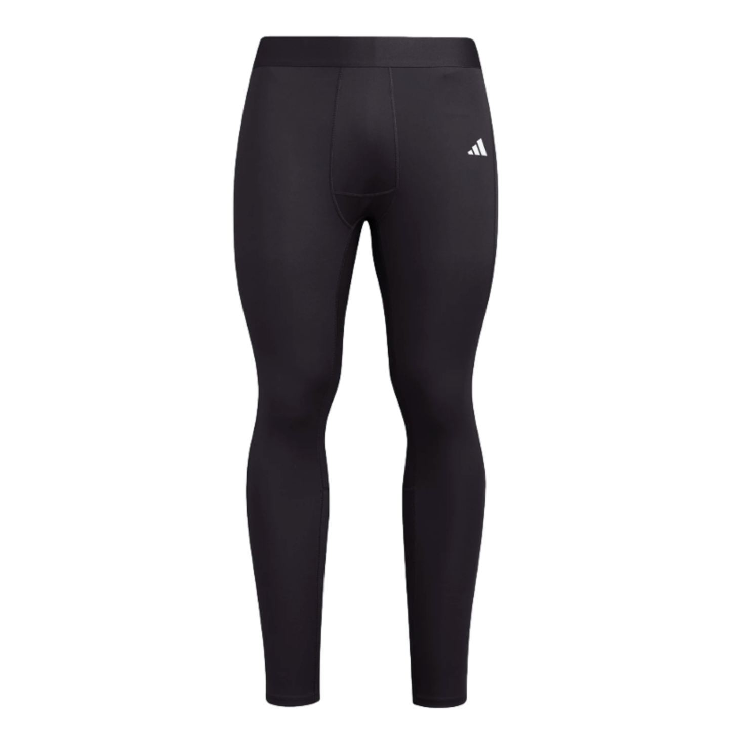 Full-length black athletic compression leggings with a small white Adidas logo on the left hip, featuring a wide waistband and a form-fitting design.