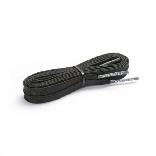 Bundled pair of flat black shoelaces with grey aglets featuring "KNOTLEY" branding, isolated on a white background.
