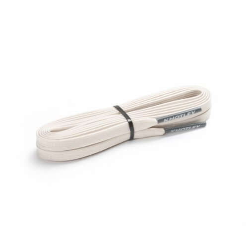 Off-white flat shoelaces bundled with a black tie on a white background. The metallic tips feature "KNOTLEY" branding.