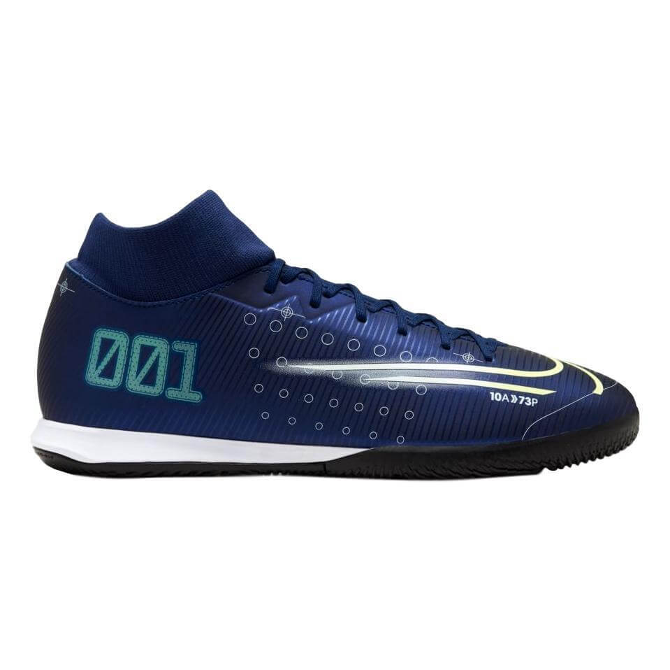 A navy blue Nike Mercurial indoor soccer shoe with a high-top sock collar, featuring a teal "001" graphic on the heel and a white Nike swoosh.