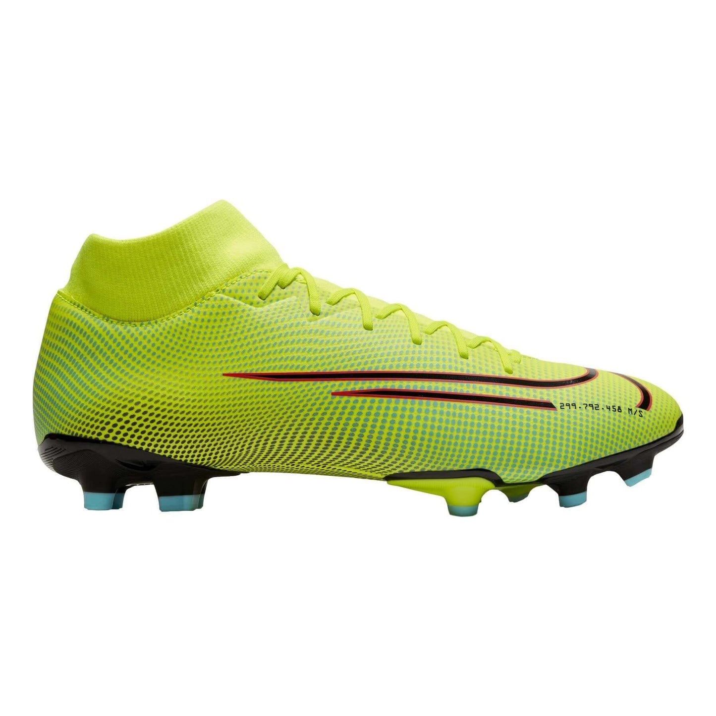 Profile view of a neon yellow Nike soccer cleat with blue dots, a black swoosh, and "299,792,458 M/S" text. It features a high ankle collar and blue-tipped studs.