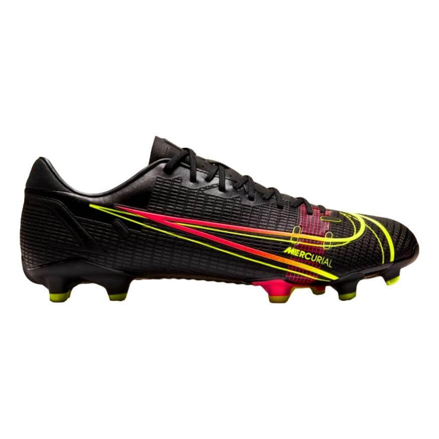Side profile of a black Nike Mercurial soccer cleat featuring vibrant pink, orange, and yellow line graphics and studs, shown against a plain white background.