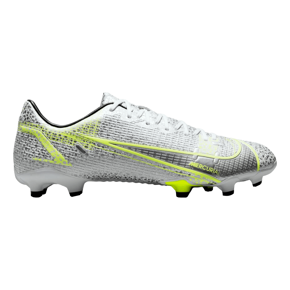 Side profile of a Nike Mercurial soccer cleat in silver and white with neon yellow accents and a textured upper.
