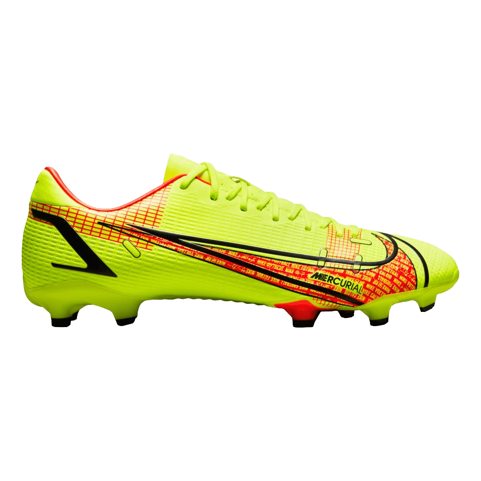 Bright neon yellow Nike Mercurial soccer cleat with a black Swoosh containing red graphics, black studs, and a red interior lining.
