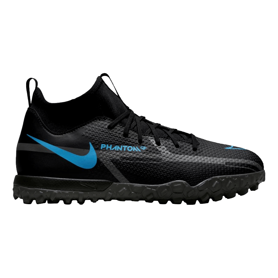 Black Nike Phantom soccer shoe featuring a light blue swoosh, textured upper, mid-cut collar, and a knobby turf outsole.