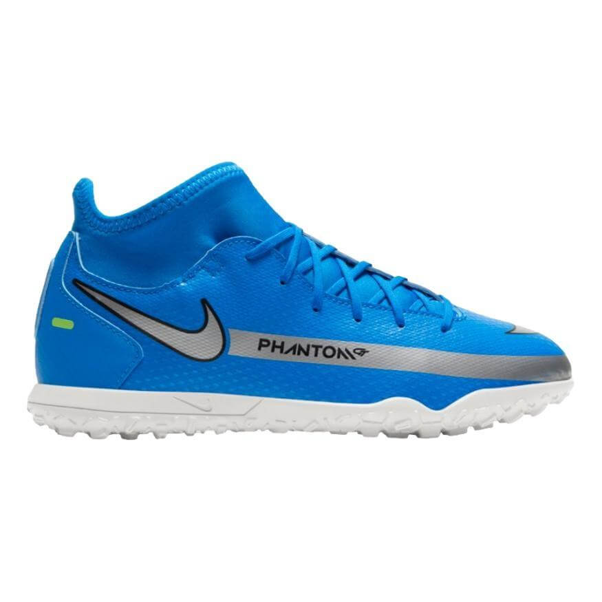 Bright blue Nike Phantom turf soccer shoe with a silver swoosh, high-top collar, and white textured sole.