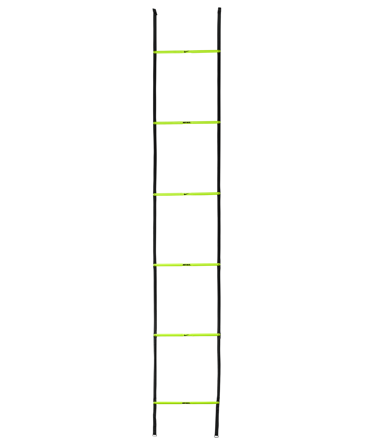 A vertical agility ladder with black side straps and six neon yellow rungs, featuring small Nike branding, shown against a solid black background.