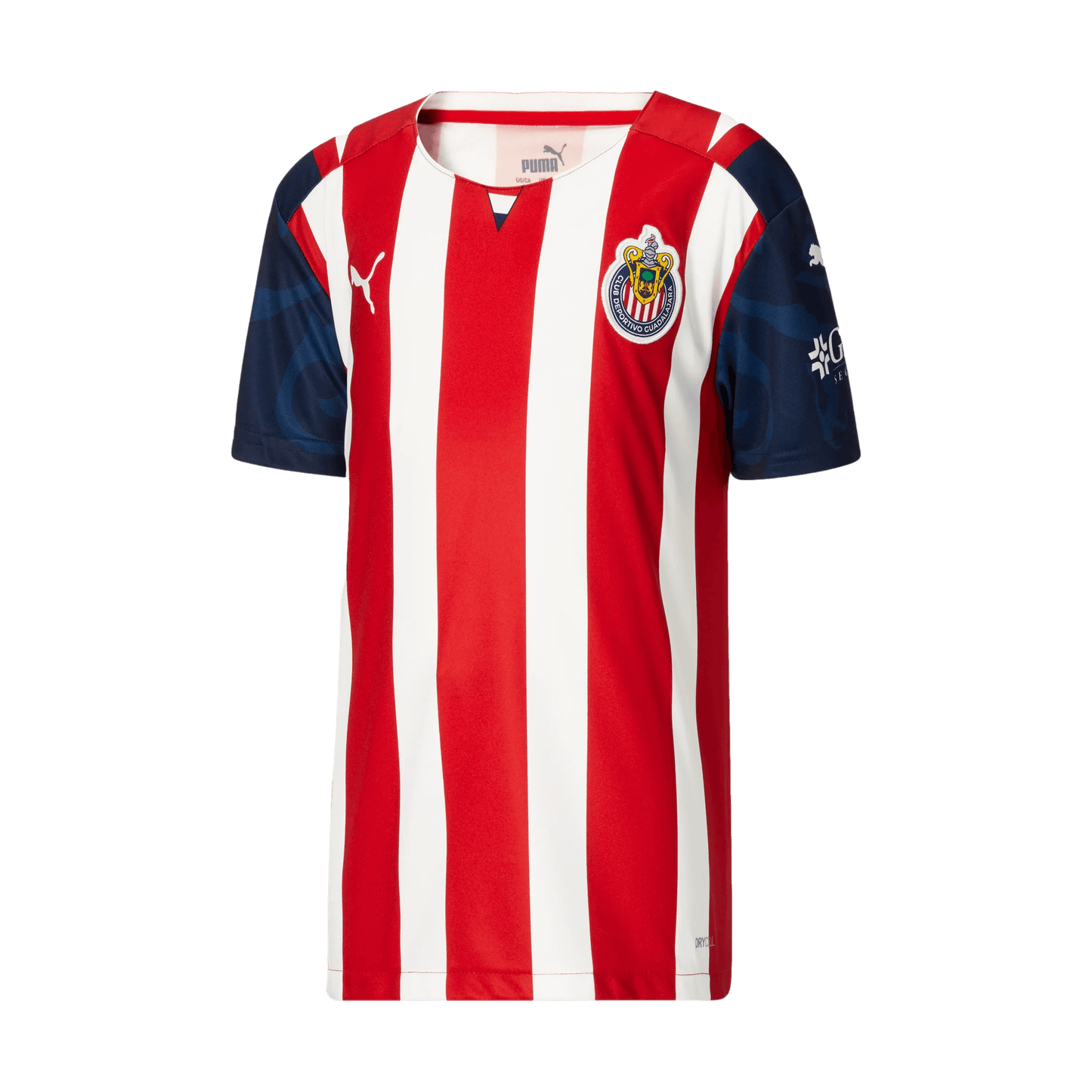 A red and white vertically striped Puma soccer jersey for Club Deportivo Guadalajara, featuring navy blue patterned sleeves and the team's crest on the chest.