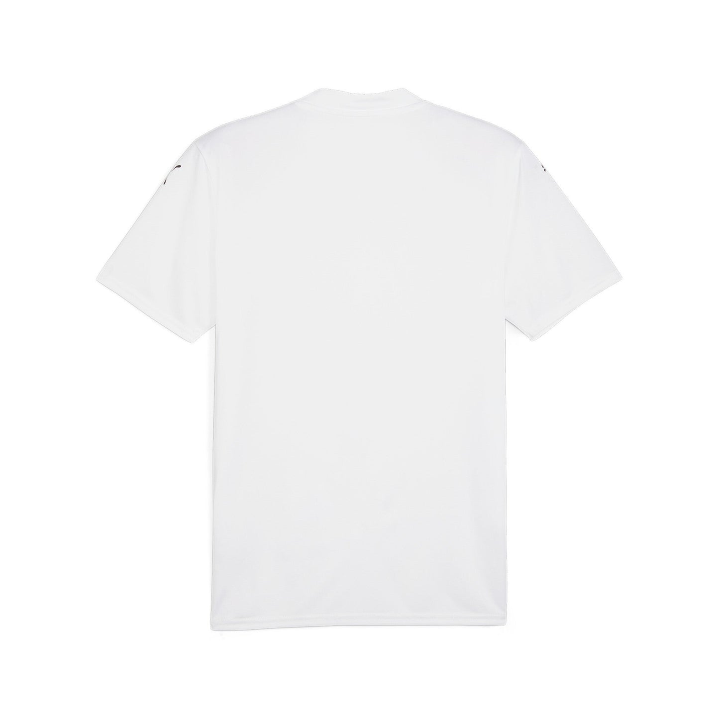Back view of a white short-sleeve t-shirt with small dark logos on the shoulders, shown against a white background.