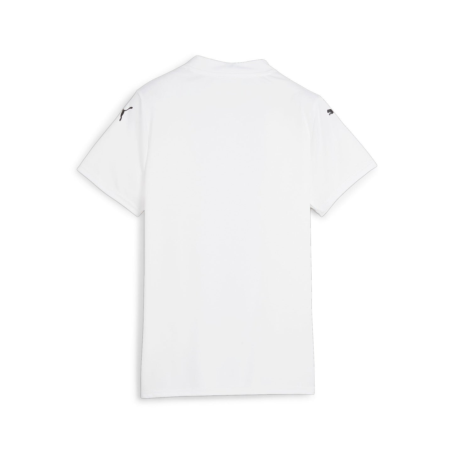 Rear view of a white short-sleeved T-shirt with small black Puma logos on each shoulder, set against a white background.
