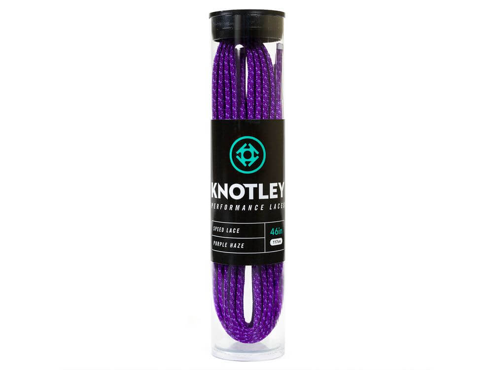 Knotley brand "Purple Haze" performance speed laces in a clear tube. The purple and silver shoelaces are 46 inches (117cm) long.