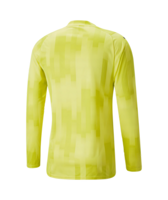 Back view of a long-sleeved, lime-green sports jersey featuring a tonal, pixelated pattern of vertical blocks.