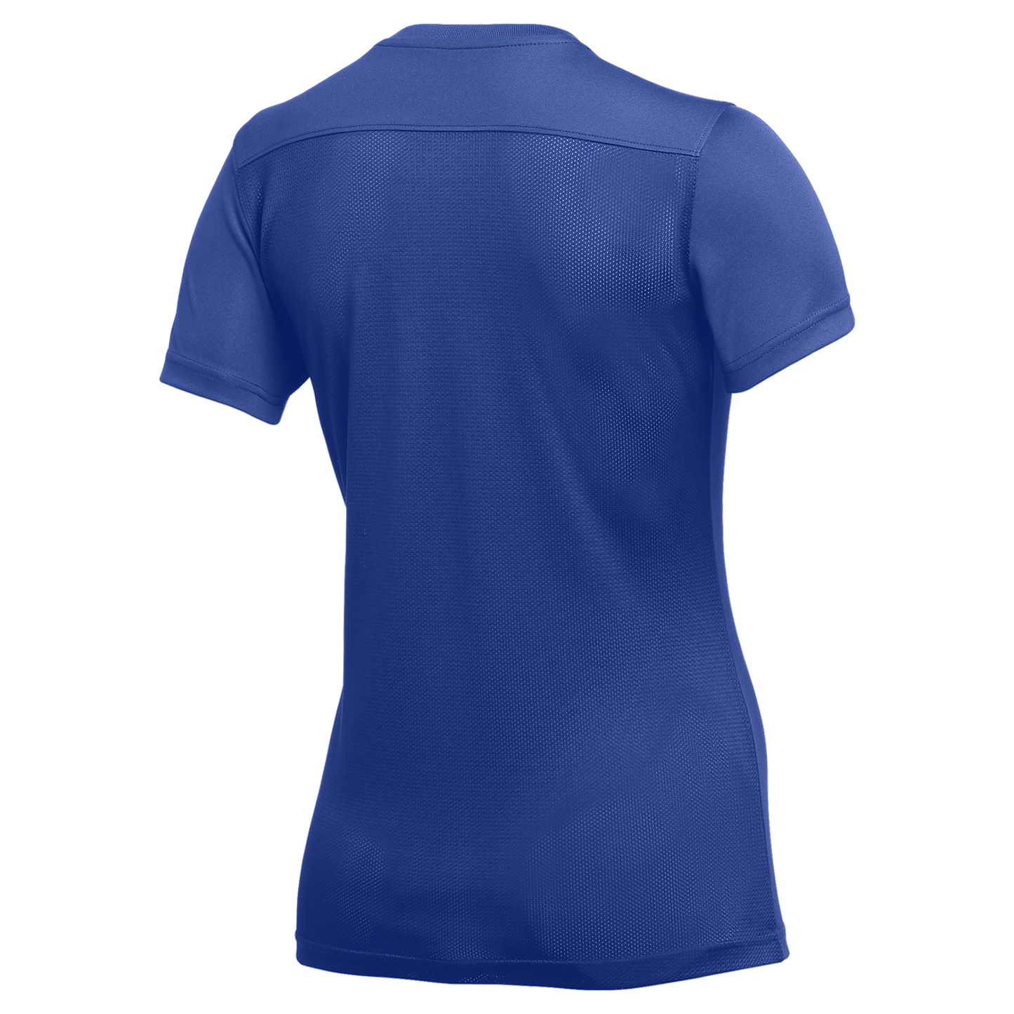 Back view of a royal blue short-sleeved athletic shirt with a breathable mesh texture, featuring a horizontal yoke across the shoulders and a classic crew neck.