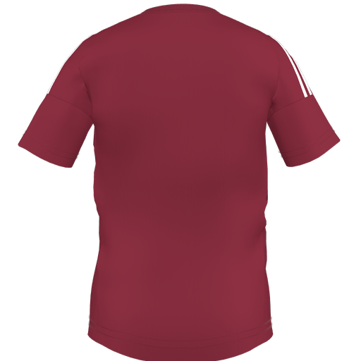 The back of a maroon short-sleeve shirt with three white stripes on each shoulder, shown against a plain white background.
