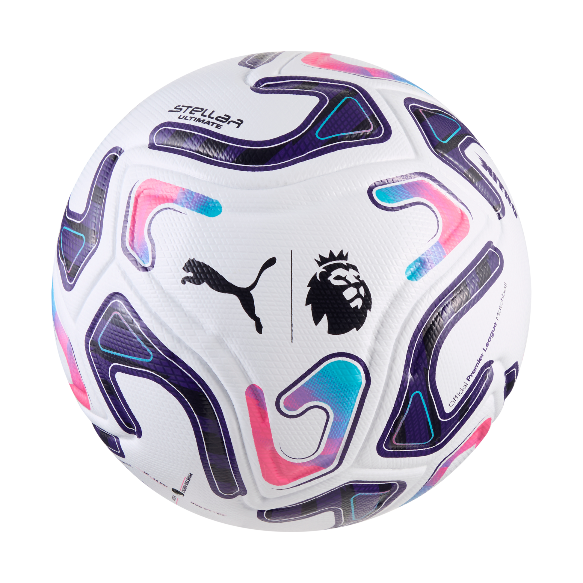 A white Puma Premier League match soccer ball featuring vibrant purple, pink, and blue geometric patterns along with the Puma and Premier League lion logos.