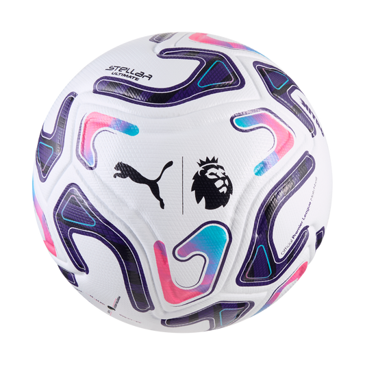 A white Puma Premier League match soccer ball featuring vibrant purple, pink, and blue geometric patterns along with the Puma and Premier League lion logos.