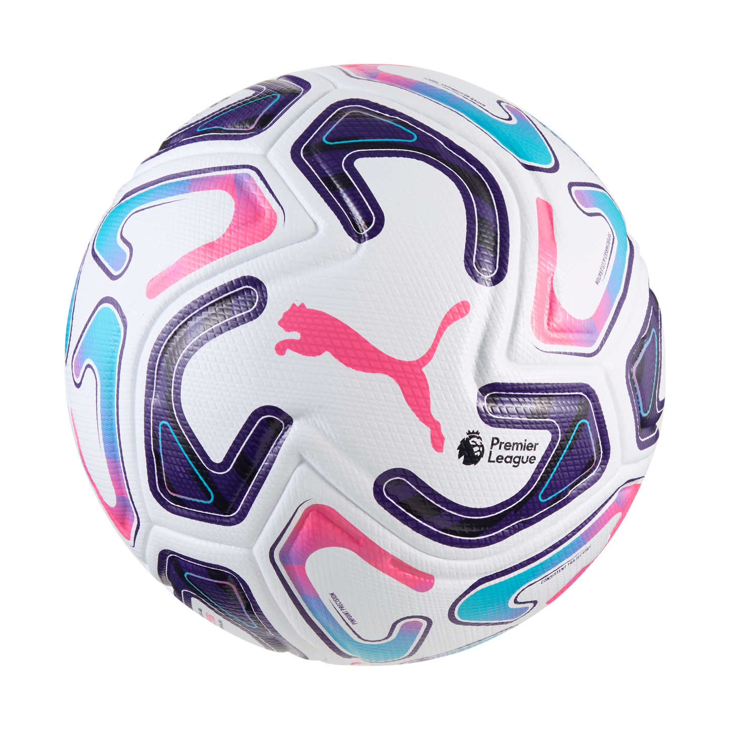 White Puma soccer ball featuring the Premier League logo. It has vibrant purple, pink, and blue graphic patterns and a central pink Puma cat logo.