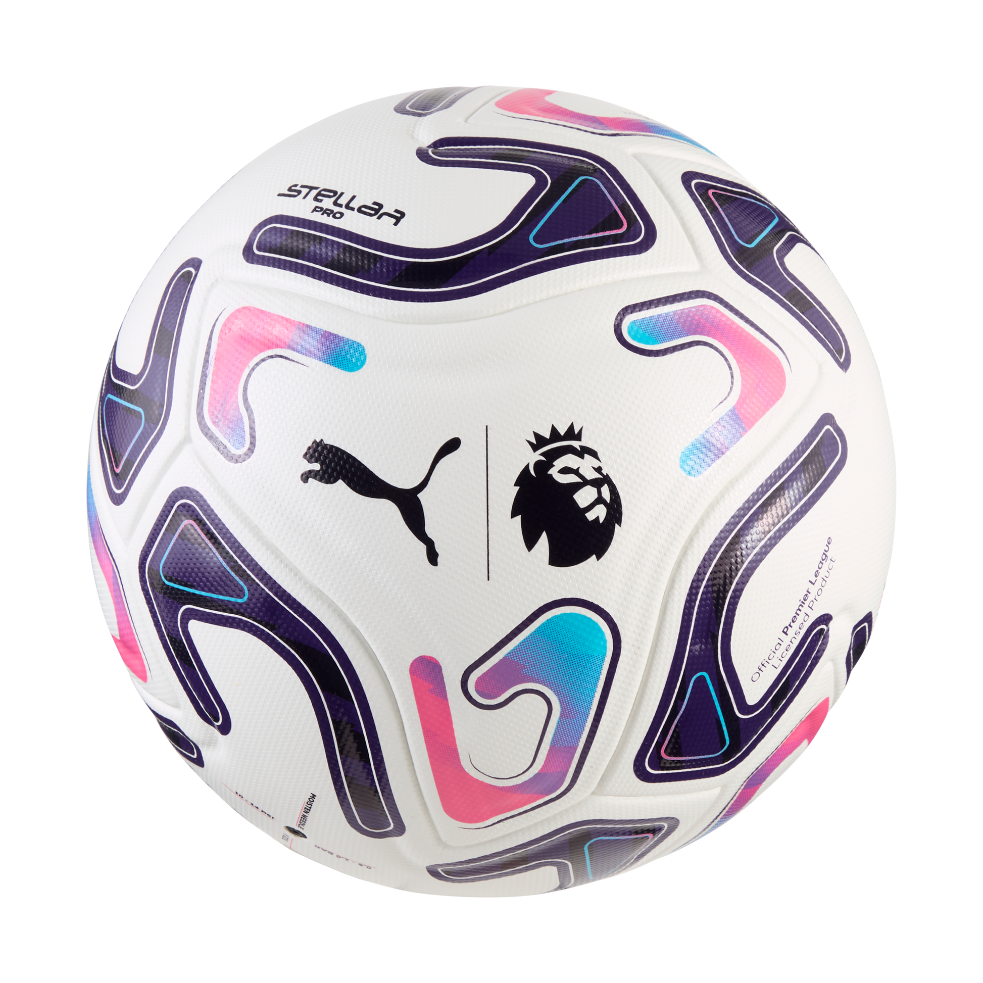 White Puma Stellar Pro soccer ball with purple, pink, and blue patterns, featuring the Puma and Premier League logos.