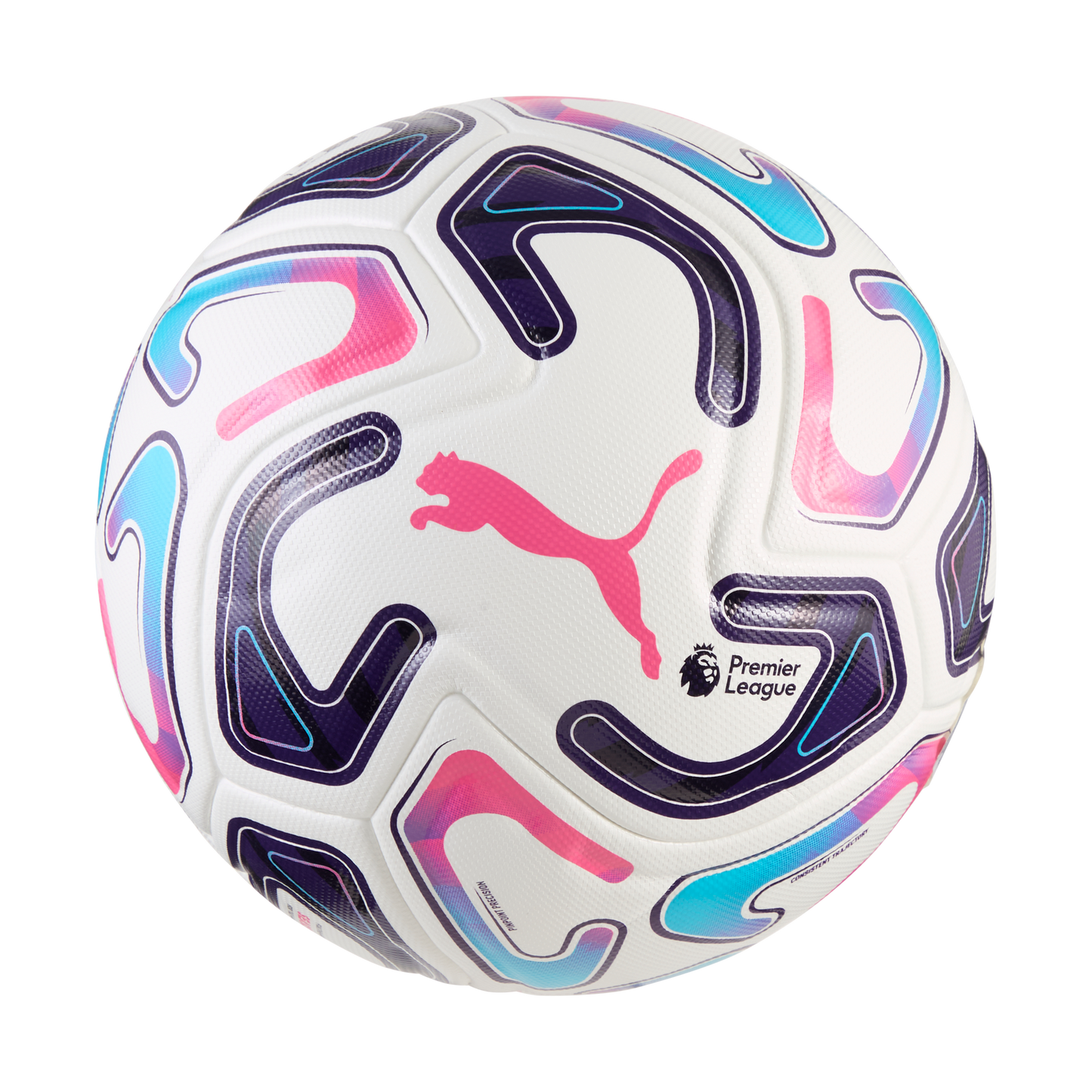 White Puma soccer ball with vibrant pink, purple, and cyan wavy graphics and the Premier League logo.