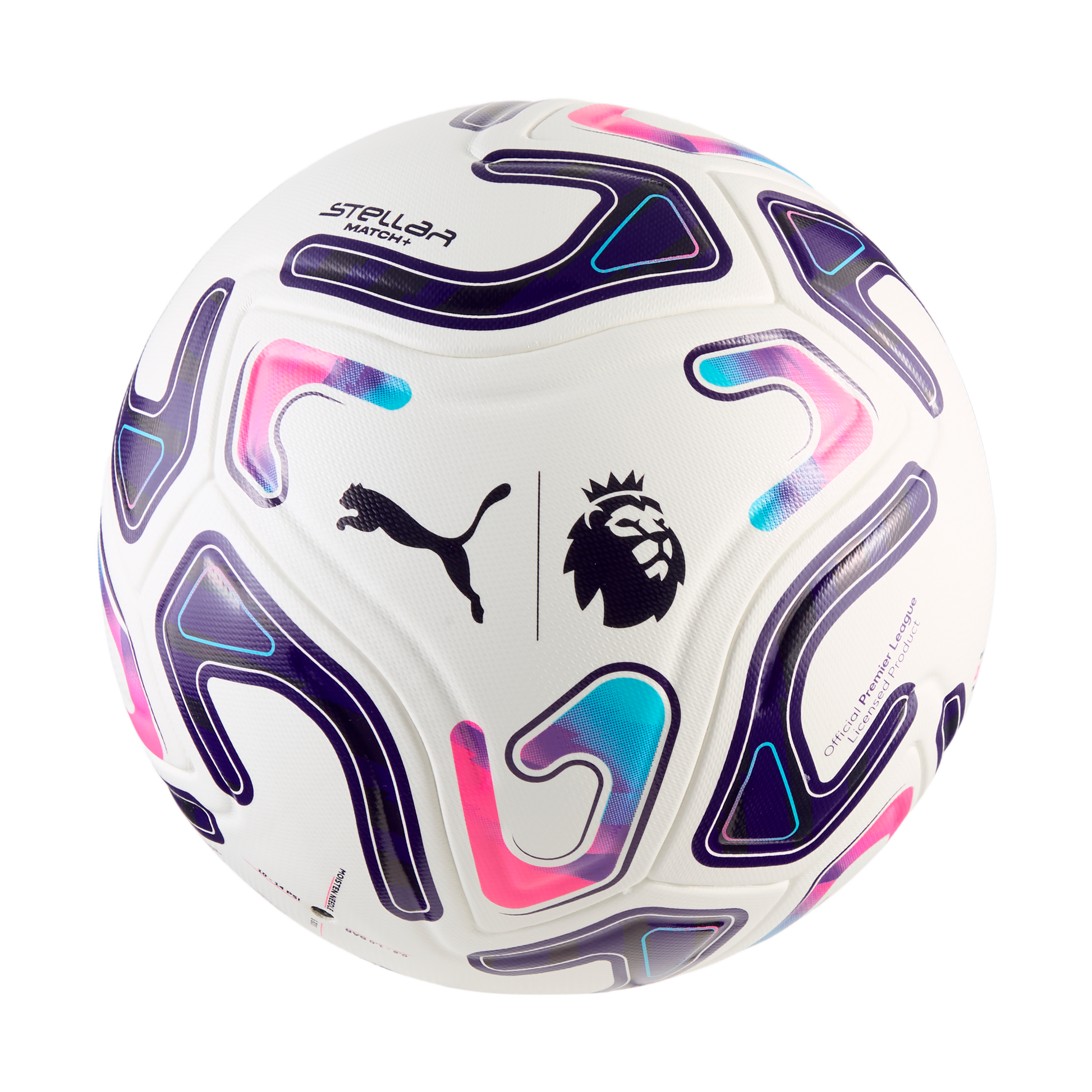 White Puma soccer ball with Premier League logo, featuring wavy purple, pink, and teal graphics.