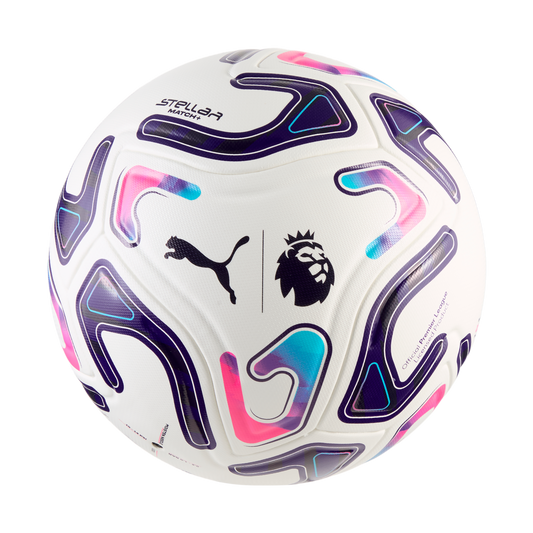 White Puma soccer ball with Premier League logo, featuring wavy purple, pink, and teal graphics.
