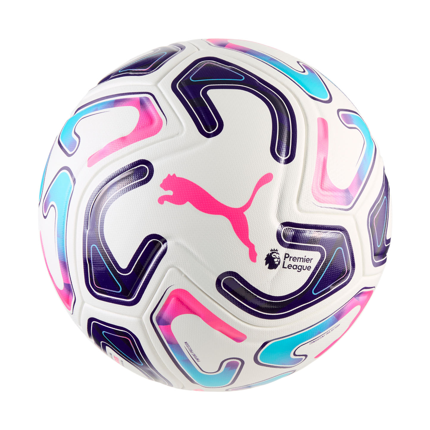 White Puma Premier League soccer ball featuring vibrant pink, blue, and purple abstract graphics and a large pink Puma logo in the center.
