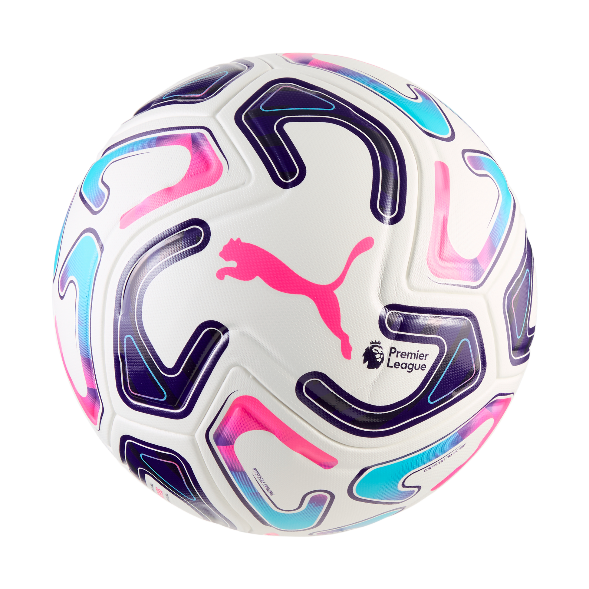 White Puma Premier League soccer ball featuring vibrant pink, blue, and purple abstract graphics and a large pink Puma logo in the center.