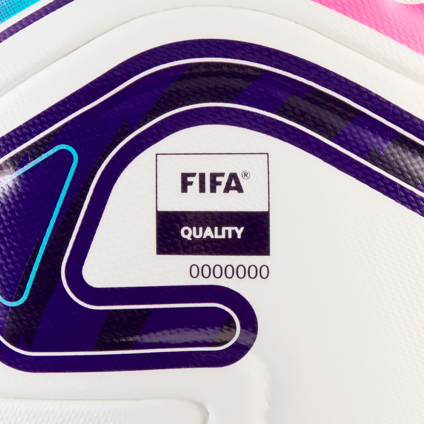 Close-up of a white soccer ball featuring a FIFA QUALITY logo and serial number 0000000 set against purple, blue, and pink graphic designs.