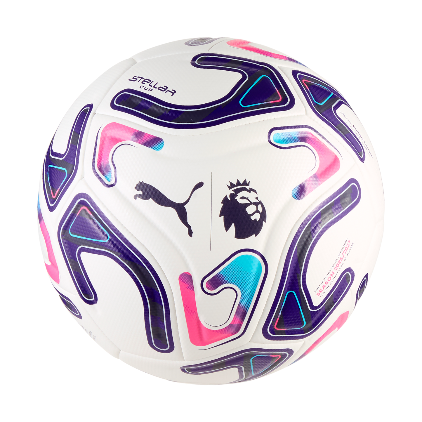 White Puma soccer ball featuring vibrant purple, pink, and blue abstract patterns, alongside the Premier League and Puma logos.