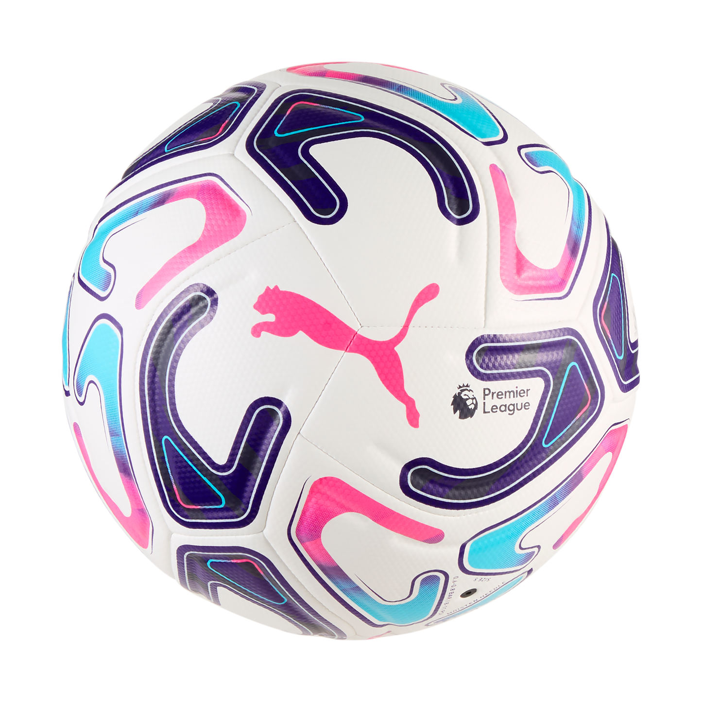 A white Puma soccer ball featuring the Premier League logo and abstract graphic patterns in shades of purple, pink, and light blue.