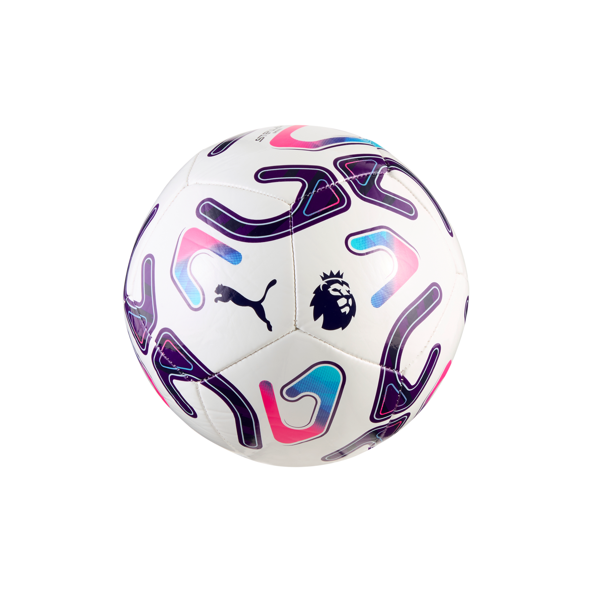 White soccer ball with the Puma and Premier League logos, decorated with purple, blue, and pink abstract geometric designs against a plain white background.