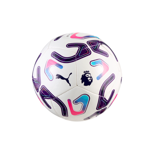 White soccer ball with the Puma and Premier League logos, decorated with purple, blue, and pink abstract geometric designs against a plain white background.