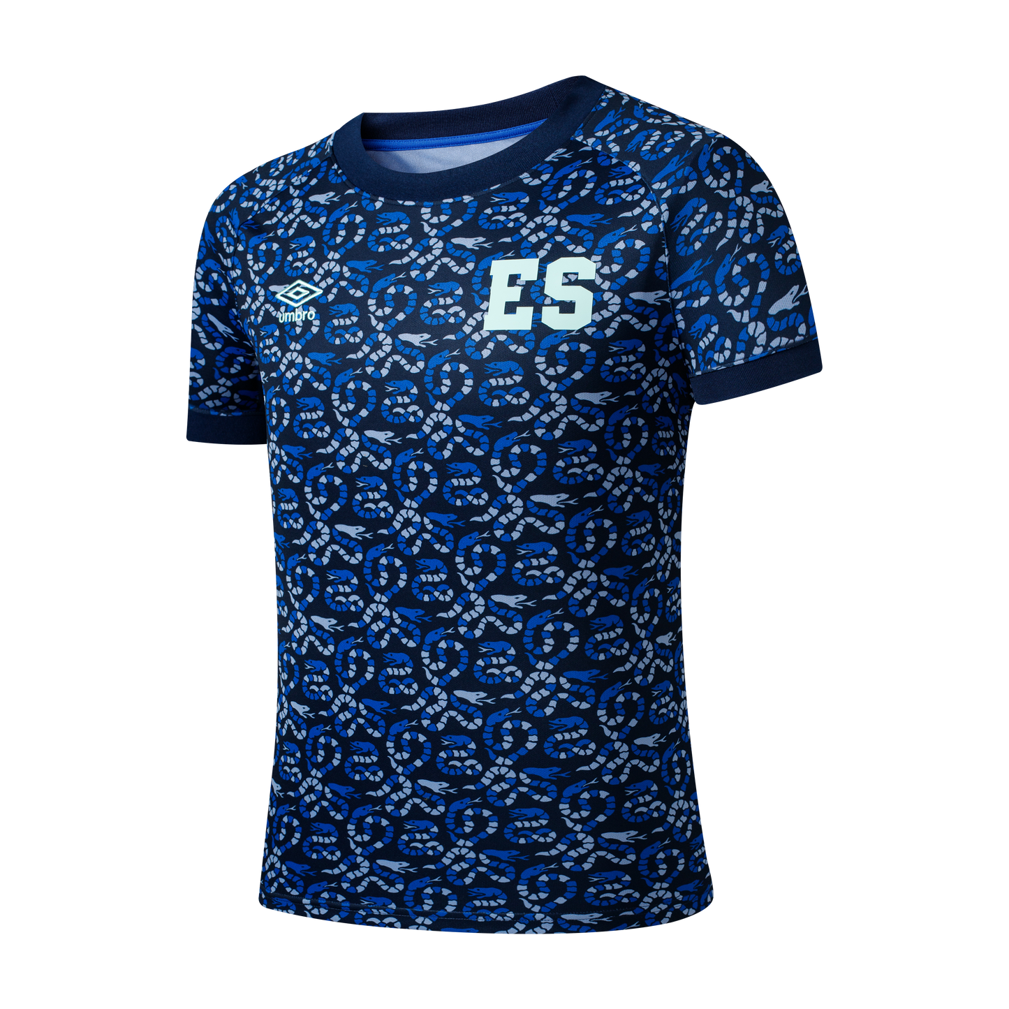 A blue Umbro athletic jersey featuring an all-over pattern of stylized snakes in shades of blue and grey, with a large "ES" logo on the chest.