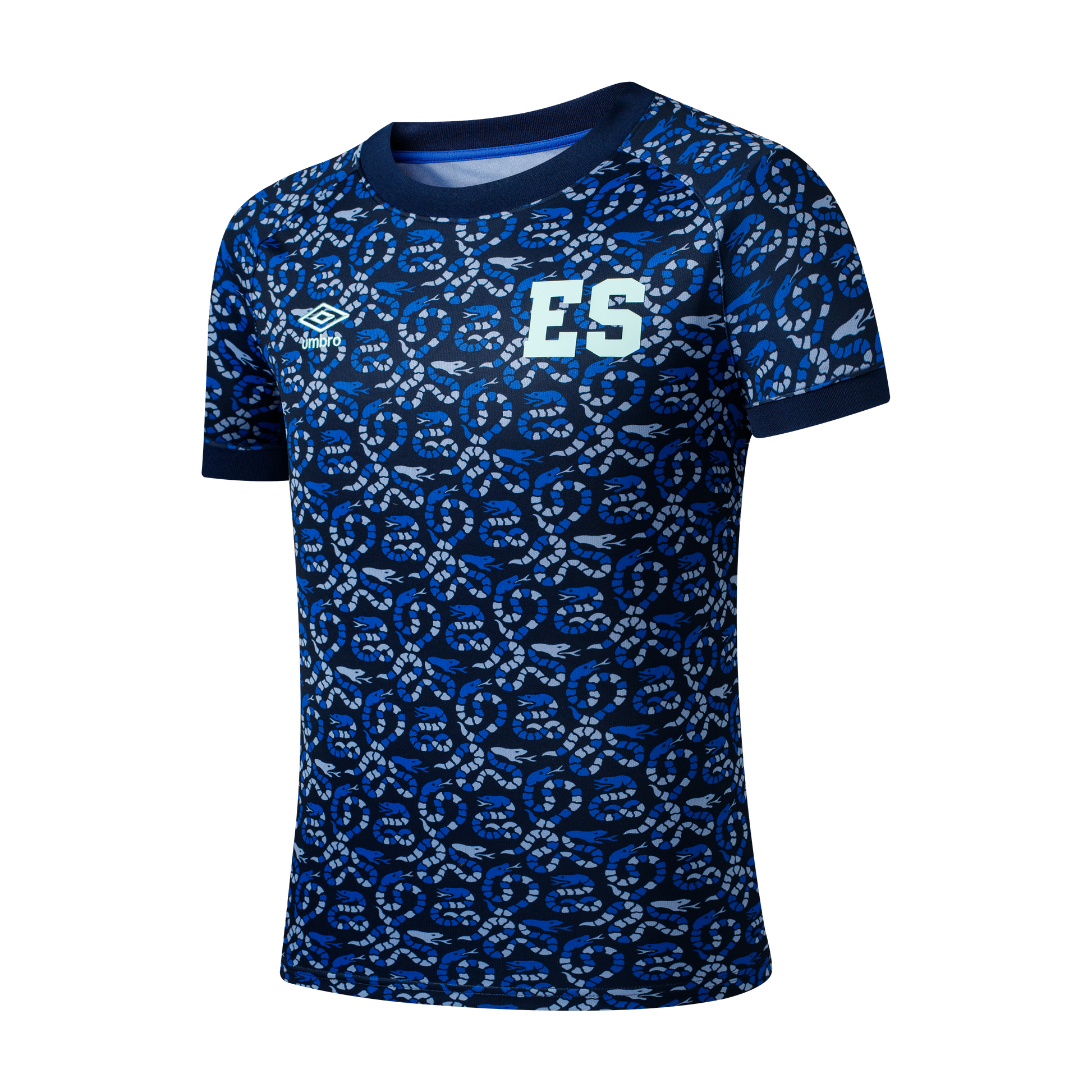 A blue Umbro athletic jersey featuring an all-over pattern of stylized snakes in shades of blue and grey, with a large "ES" logo on the chest.