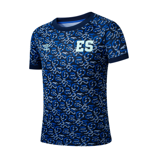 A blue Umbro athletic jersey featuring an all-over pattern of stylized snakes in shades of blue and grey, with a large "ES" logo on the chest.