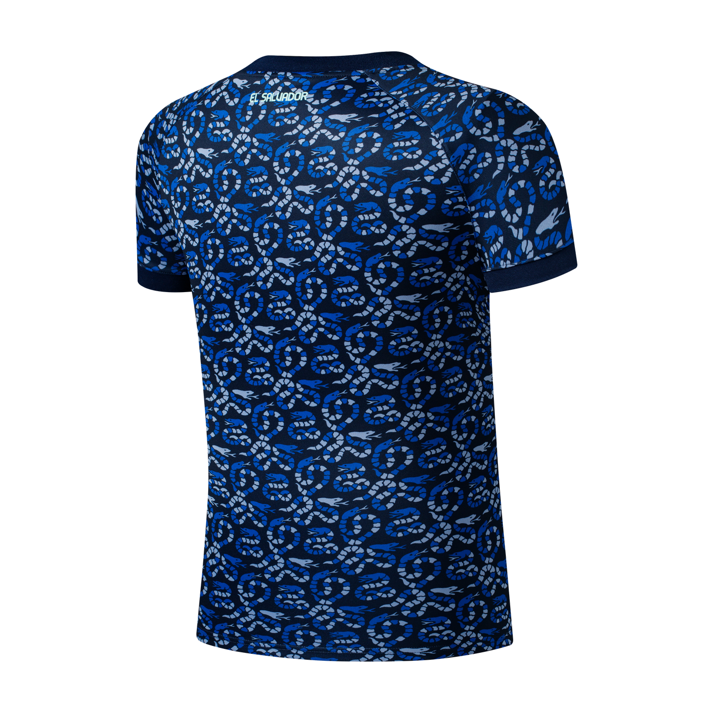 Back view of a blue short-sleeve jersey with an all-over snake pattern and "EL SALVADOR" printed in light blue below the neckline.