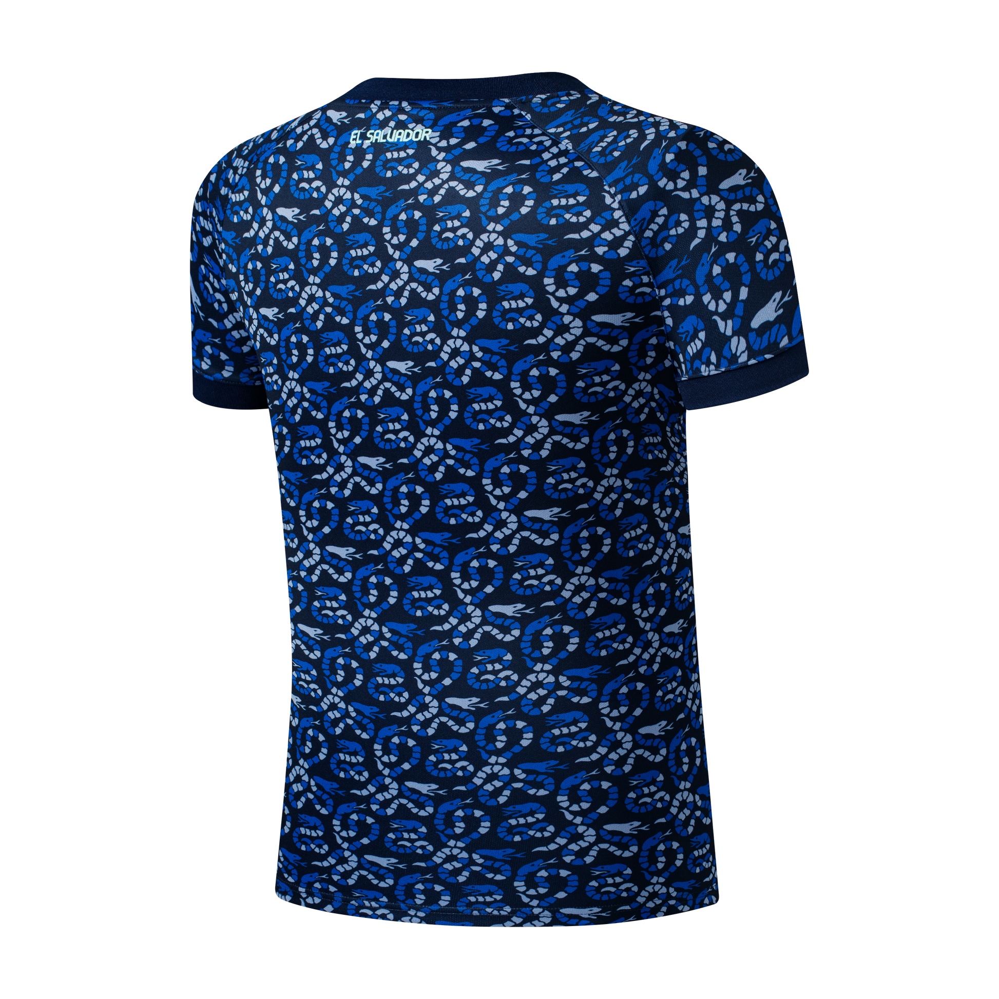 Back view of a blue short-sleeve jersey with an all-over snake pattern and "EL SALVADOR" printed in light blue below the neckline.
