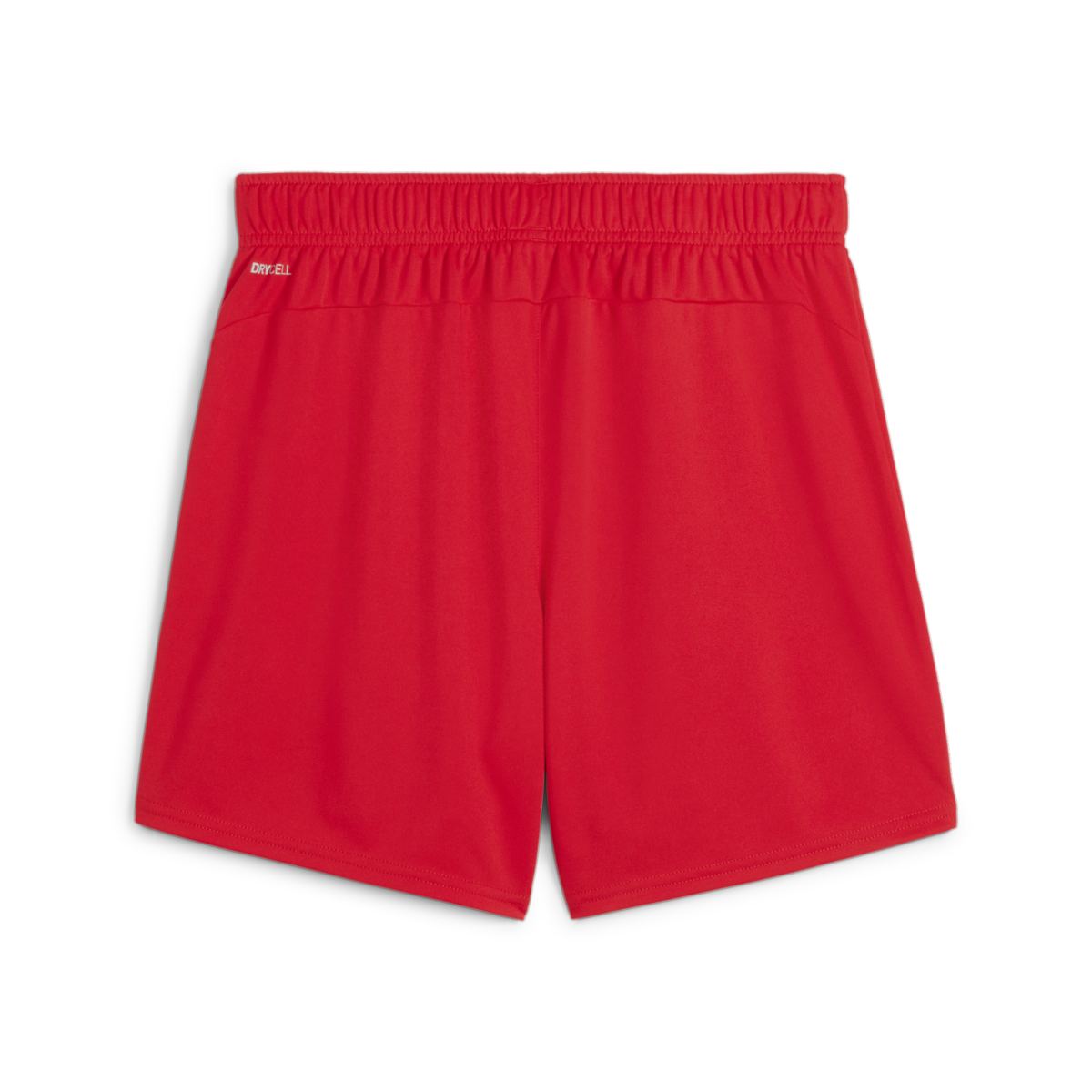 Back view of a pair of red athletic shorts with a wide elastic waistband and 'DRYCELL' branding on the upper left hip.