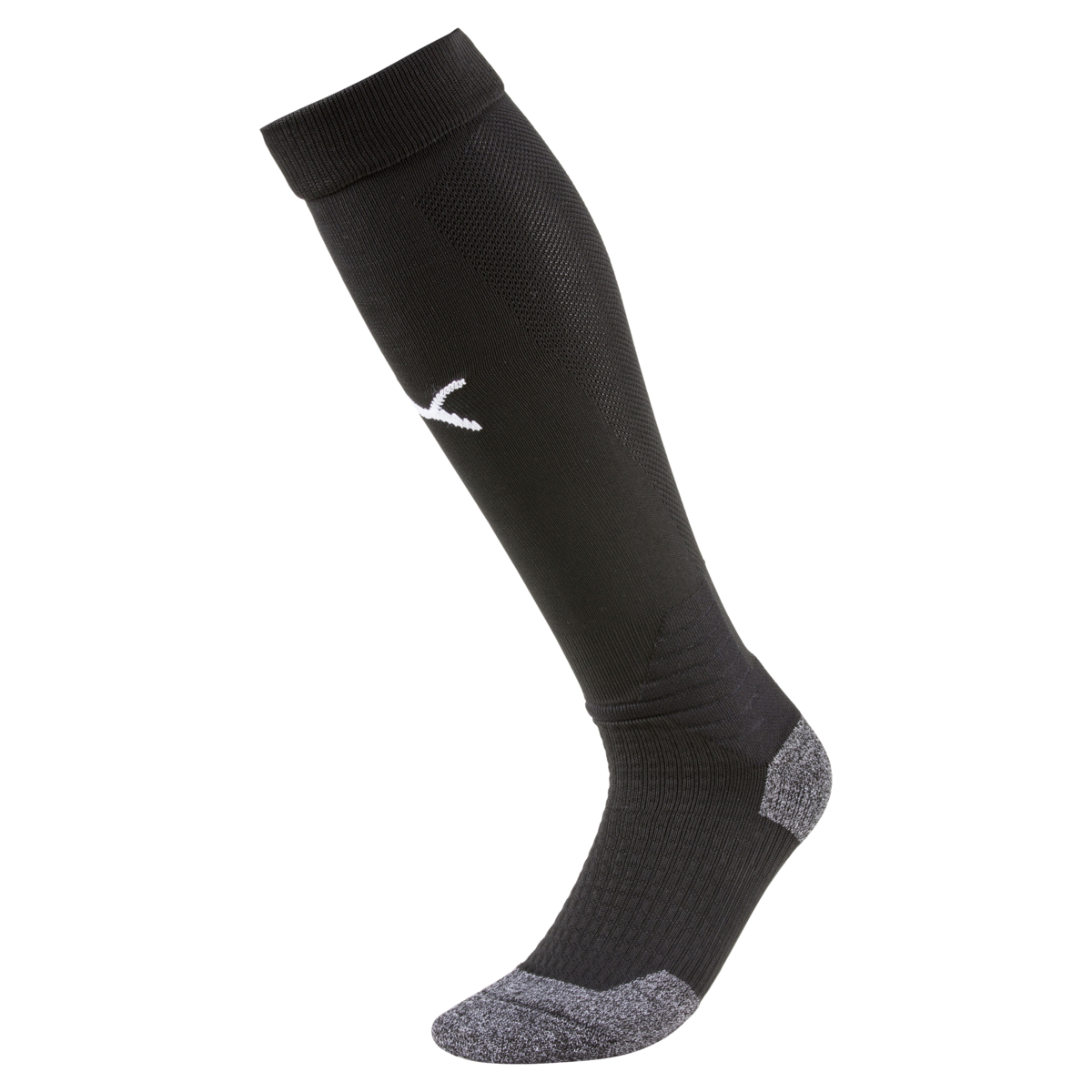 A black knee-high athletic sock with a white logo on the shin and grey reinforced heel and toe sections.